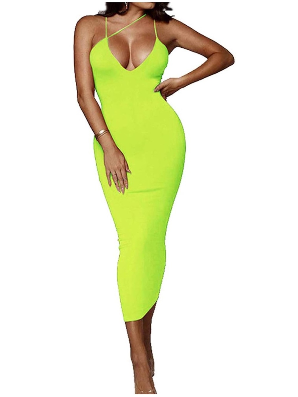 Neon Lime Strappy V-Neck Bodycon Midi Dress